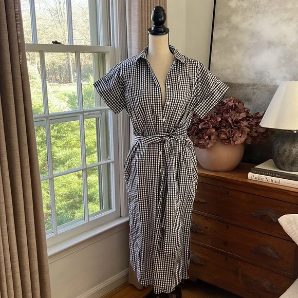 NWT J.Crew Black Gingham Checkered Poplin Midi Shirtdress - Picture 3 of 5